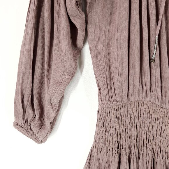 Free People Blouson Mini Dress Size XS Boho Tunic Balloon Sleeve Raw Hem Crinkle - Picture 9 of 13